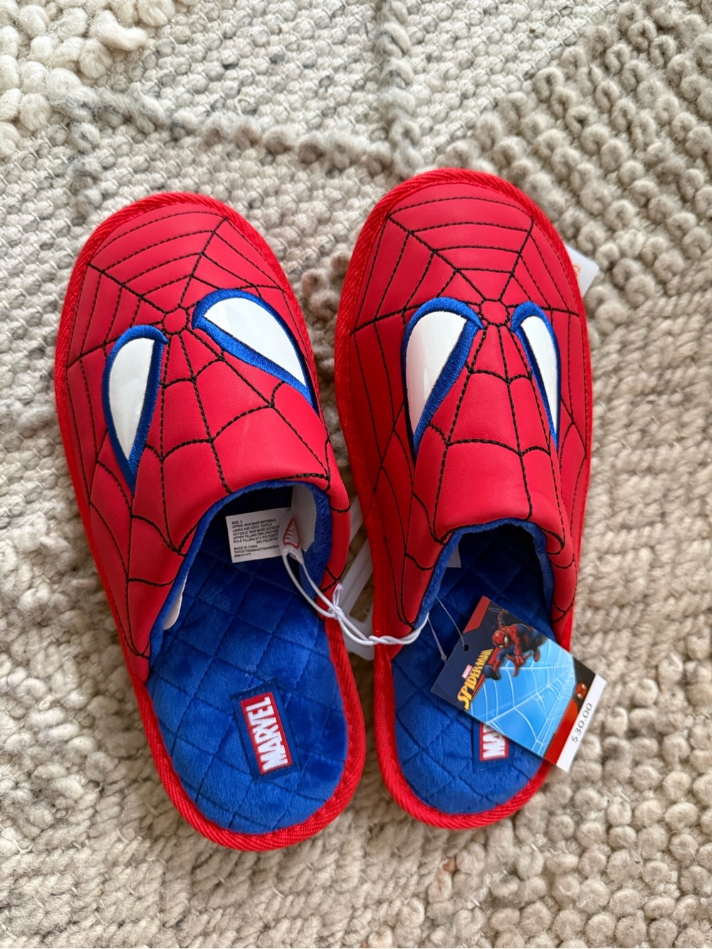 Marvel mens small 7/8 Spider-Man Red Blue Slip-On Slippers quilted pleather new